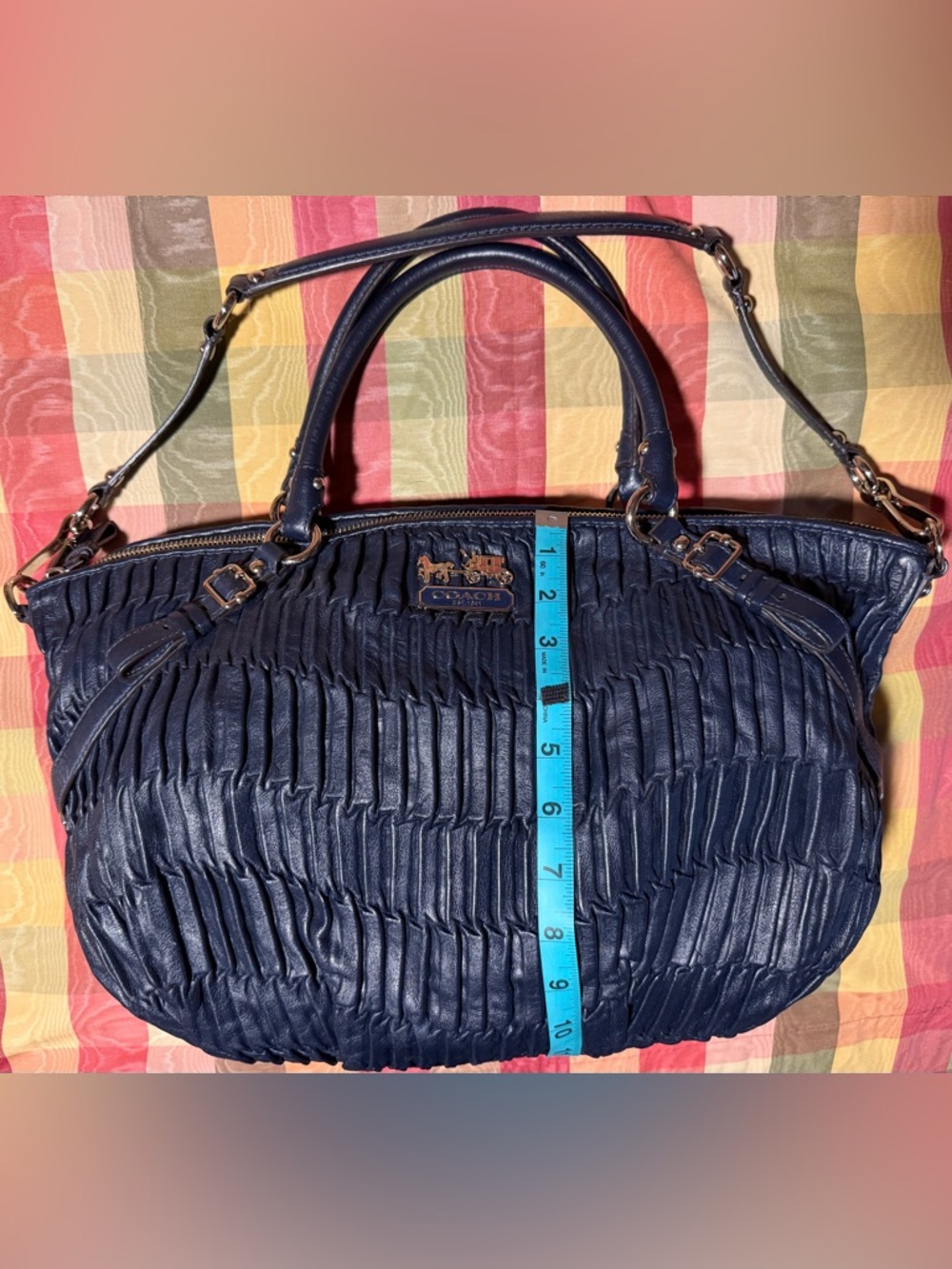 Coach D1182-15947 Navy Pleated Leather Satchel with Polished Hardware - Picture 3 of 7